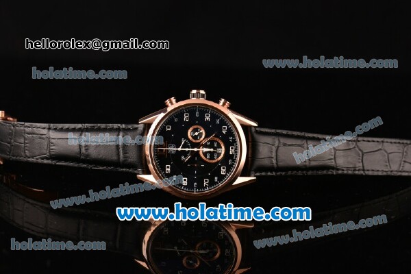 Tag Heuer Mikrograph Chrono Miyota OS10 Quartz Rose Gold Case with Black Leather Strap and Black Dial - Click Image to Close